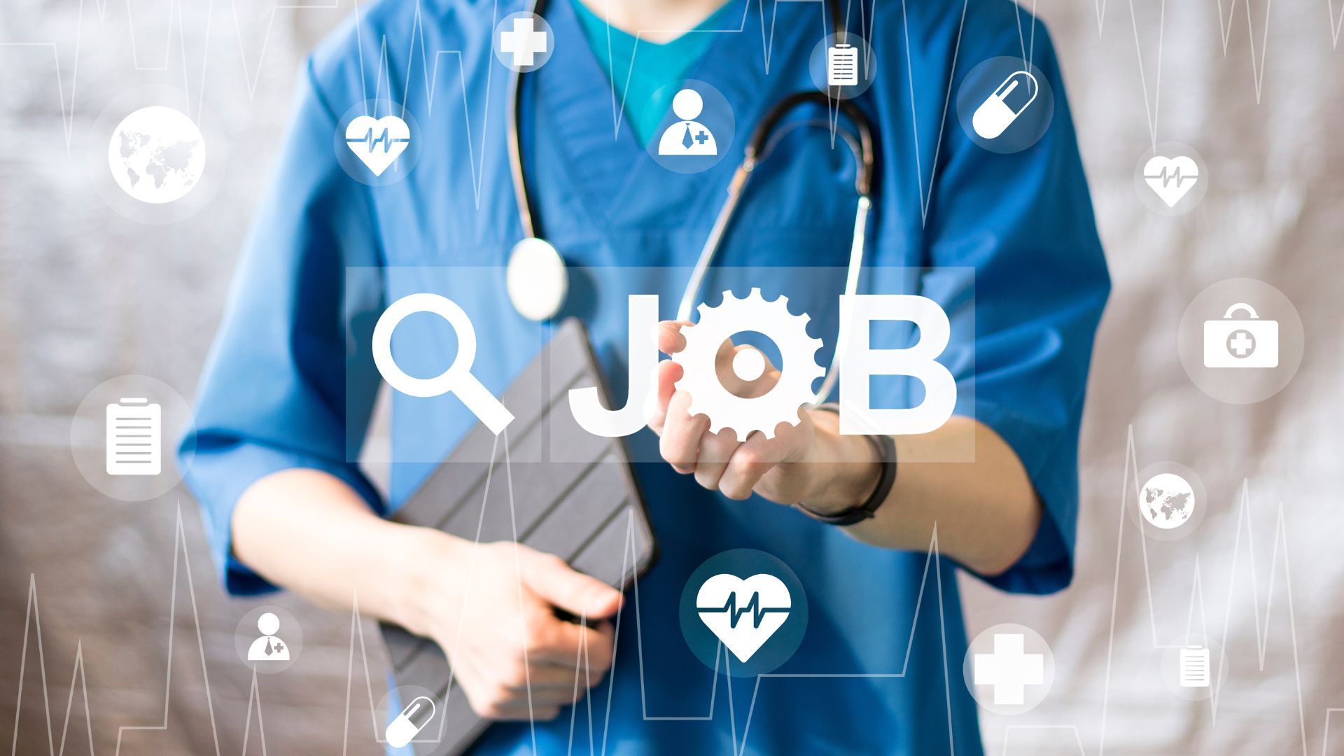 Eine Ärztin in blauem Kittel zeigt auf den Schriftzug "Job" mit einer Lupe